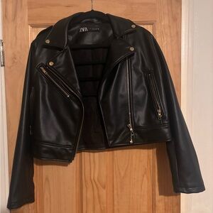 Zara Black with GOLD trim faux Leather Jacket